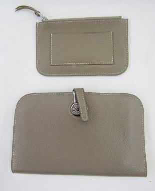 Hermes 'Dogon' grey leather wallet with&nbsp;foldover fastening, loop through silver metalware, separate purse, stamped (some
