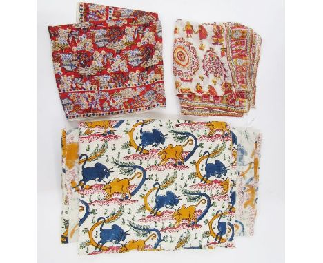 Collection of ethnic fabrics and bags&nbsp;including kilim bags, two silk scarves, a length of cotton decorated in woodblock 