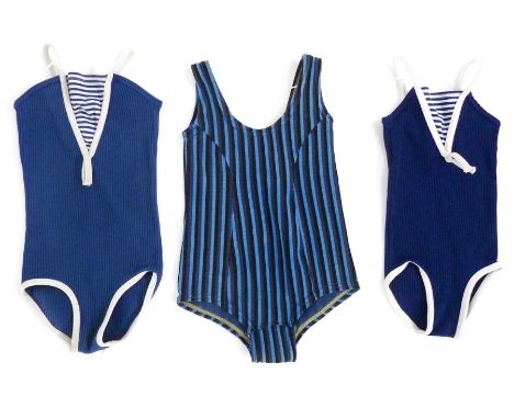 Three children's vintage swimsuits and a&nbsp;silk lace and embroidered small blouse, back&nbsp;button fastening, blue ribbon