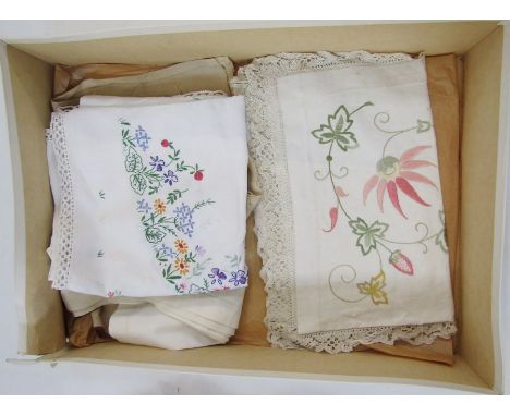 Quantity of embroidered tablecloths, a 19th century beaded tapestry and feltwork panel, probably from a cushion, worked with 