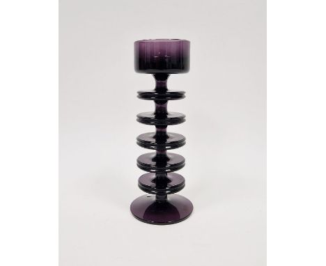 Wedgwood "Sheringham" glass candlestick&nbsp;designed by Ronald Stennett-Wilson, with five rings, in amethyst colourway, acid