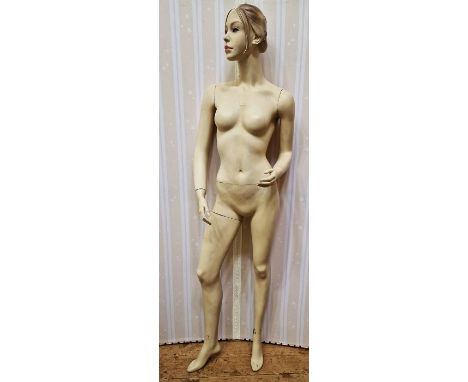 A vintage female mannequin, with painted face and sculpted hair