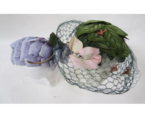 Quantity of vintage hats, one labelled 'Adele Mayfair W1' decorated with faux violets, a green net and suede hat, the top cre