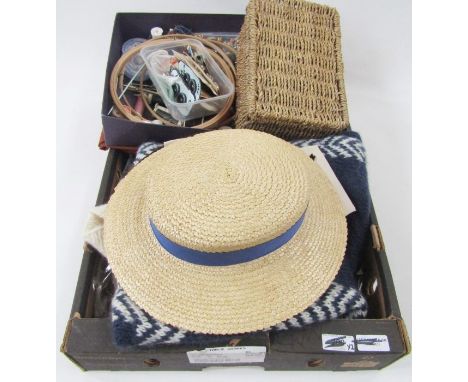 Assorted vintage and later scarves, evening bag, nightwear, buttons, a straw boater, handkerchiefs, arran sweaters, etc (2 bo