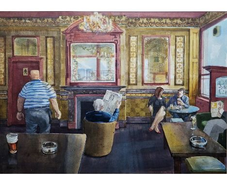 Michael Smee (b.1946)&nbsp;
Watercolour drawing
"The Mirrors of Marylebone", interior scene figures seated in pub, with ornat