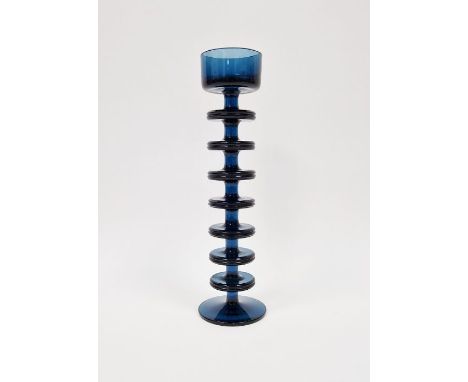 Wedgwood "Sheringham" glass candlestick designed by Ronald Stennett-Wilson, with seven rings, in blue colourway, height 28.5c