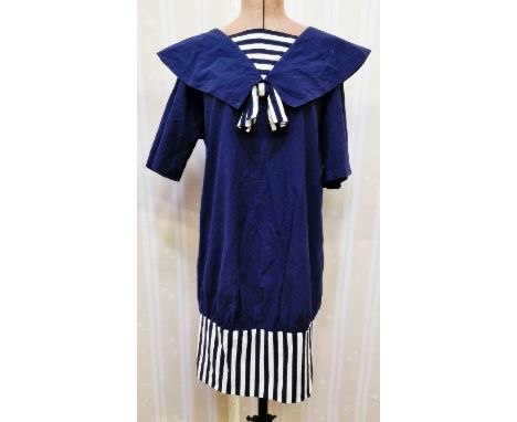 1980's sailor style cotton dress navy blue with a blue and white striped "hobble" skirt short sleeves blue and white insert t