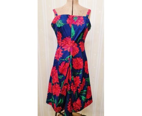 1950's silk cocktail dress, blue printed with vibrant pink/red/purple carnation pattern,&nbsp; tulip skirt with a front pleat