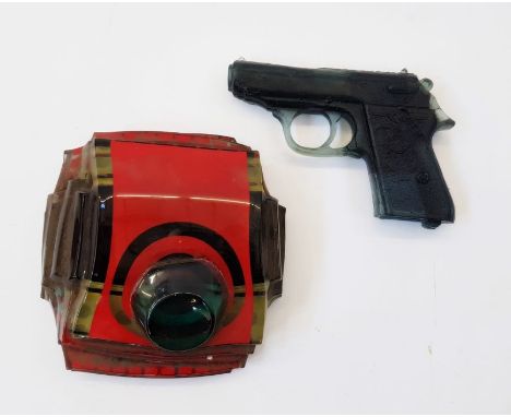 Contemporary studio glass sculpture,&nbsp;with printed signature John Smith in red, of compressed tiered square form, cased w