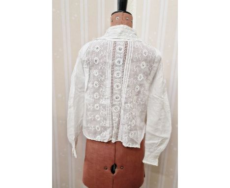 Edwardian white cotton blouse, embroidered with daisies, pleats to the side of the bodice, pin tucked sleeves, pin tucked bac