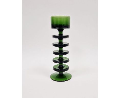 Wedgwood "Sheringham" glass candlestick&nbsp;designed by Ronald Stennett-Wilson, with five rings, in green colourway, acid et