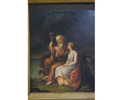 Continental School, an old man playing a harp to a girl, oil on metal, 28 x 22.5 cm