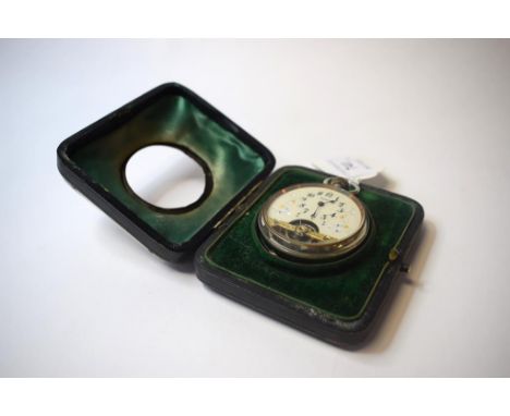 A Continental open face pocket watch, the enamel dial with Arabic numerals and painted decoration, in a leather travelling ca