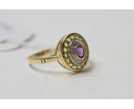 A 9ct gold, amethyst, diamond and peridot ring, approx. ring size P½   Condition report  Modern