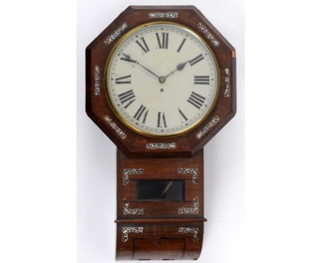 A drop dial wall clock, the 28 cm diameter painted dial with Roman numerals, fitted an eight day single fusee movement, in a 