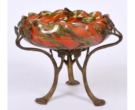 A Continental Art Nouveau tazza, having a flecked glass bowl, on a metal stand with traces of gilt, 20.5 cm high  See illustr