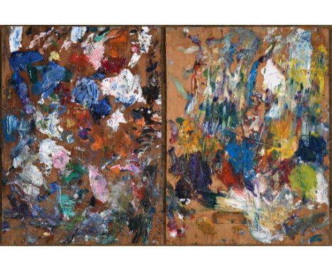 α Fred Yates, one of his double sided plywood pallets, 40.5 x 30.5 cm, with a group of letters, postcards and ephemera from h