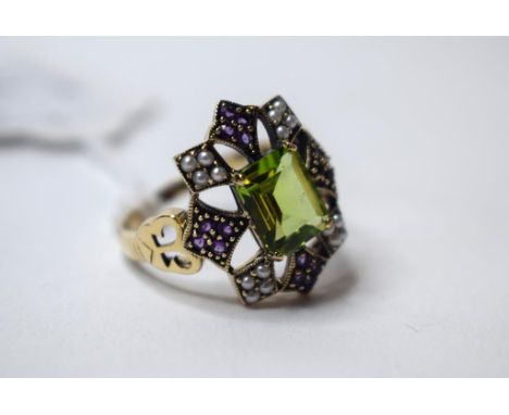A 9ct gold, peridot, amethyst and pearl ring, approx. ring size P½   Condition report  Modern