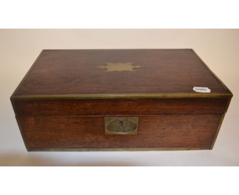 A brass bound rosewood writing slope, lacks interior, 41 cm wide, another similar, a black slate and marble mantel clock, and