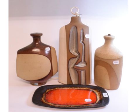 A Tremaen Pottery lamp base, 38 cm high, and two others similar, and a Leaper Pottery tray 36 cm wide (4)