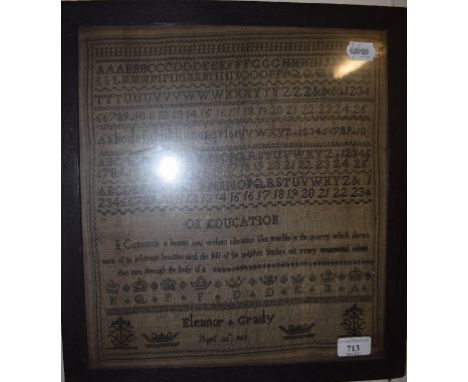EXTRA LOT:  A 19th century needlework sampler, by Eleanore Grady, dated April 28 1820, worked the alphabet and a poem, 35.5 x