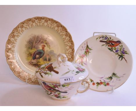 A Royal Worcester porcelain plate, decorated turkeys, 23 cm diameter, and a Worcester style two handled comport and cover, wi