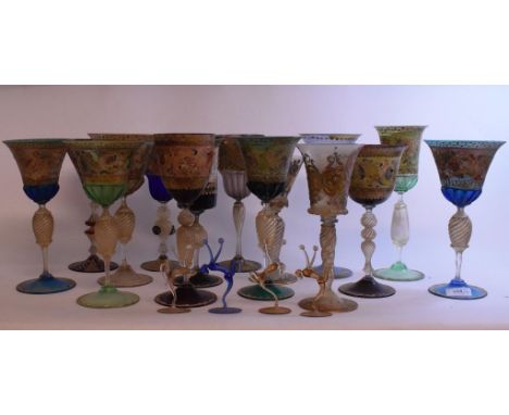A Venetian ruby and clear glass goblet, of octagonal form, with enamel and gilt decoration, 23.5 cm high, a collection of fou