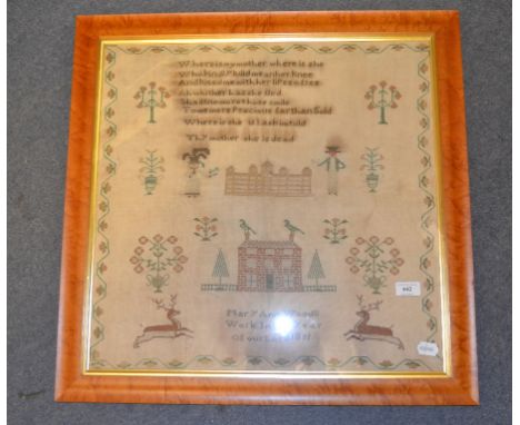 A William IV mourning sampler, by Mary Ann Woods, worked a palace, a house, animals, figures, flowers and a poem, 1831, 53 x 