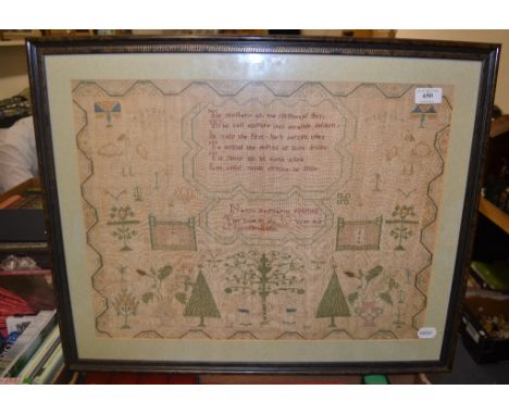 A 19th century needlework sampler by Nanny Redmayne, age 10, dated 6th November 1826, worked a poem, animals, trees and other