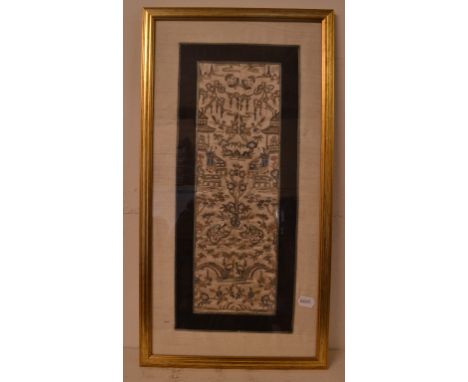 A Chinese silk embroidered sleeve panel, two Andreas Heumann signed photographs, a pair of two branch gilt metal wall lights,