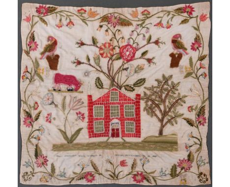 A George III needlework sampler, decorated a country house, birds, a cow, flowers and trees, Mary Smithsons Work, Wrought at 