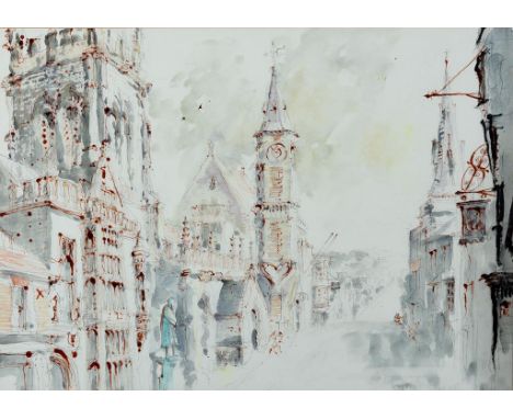 Barrie St Clair McBride, Dorchester, High West Street, including Dorset County Museum and St Peter's Church, mixed media, sig