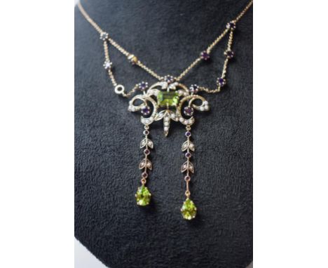 An Art Nouveau style 9ct gold, peridot, amethyst and pearl necklace   Condition report  Report by NGThis is a modern piece.Ba