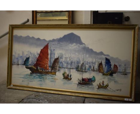 Japanese school, junks off an urban coastline, acrylic on canvas, indistinctly signed, 74.5 x 150 cm, three prints, and an oi