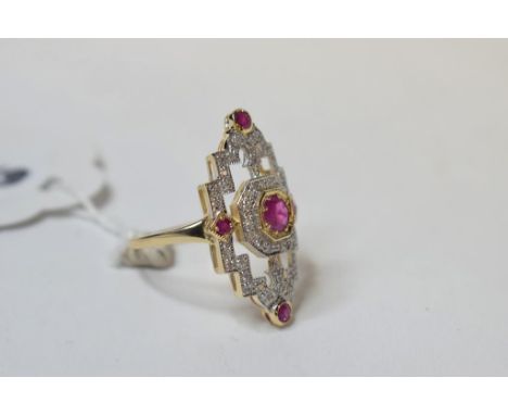An Art Deco style 9ct gold, ruby and diamond panel ring, approx. ring size Q   Condition report  Modern