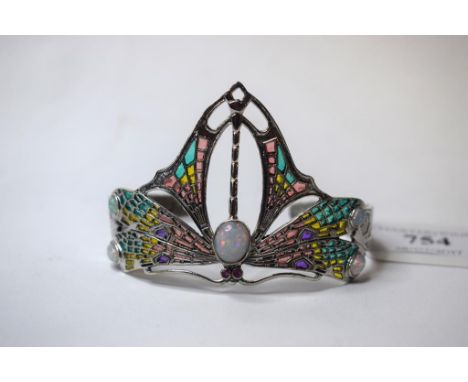 An Art Nouveau style silver and plique-à-jour enamel dragon for life bangle   Condition report  Modern