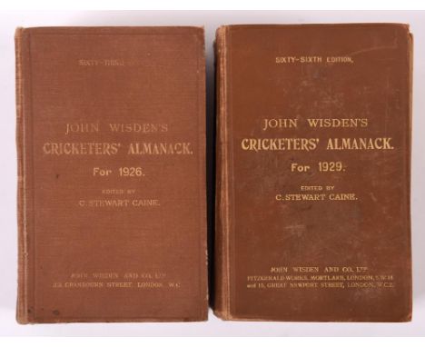 Wisden (John) Cricketers' Almanack for 1926, cloth, binding loose and with corner and edge knocks, and ibid 1929, cloth, cove