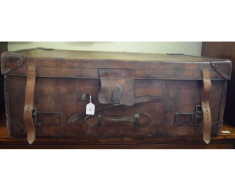 A large leather trunk, with wooden supports to base, 93 cm wide