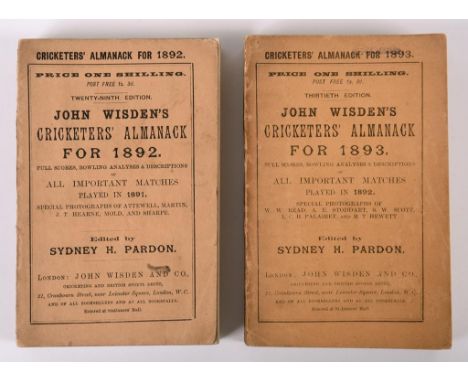 Wisden (John) Cricketers' Almanack for 1892, paper, good tight binding with some corner and edge knocks and discolouration, a