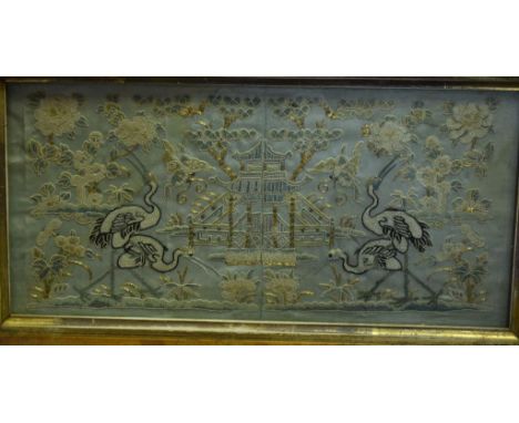 A Lionel Edwards hunting print, a Chinese silk work embroidery, 13.5 x 28.5 cm, in a birdseye maple frame, a tapestry panel, 