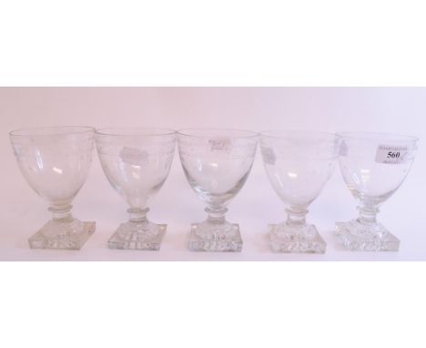A set of five George III glass rummers, decorated stars, on square lemon squeezer bases, 13 cm high (5)    Condition report  