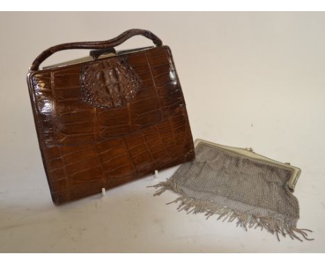 An alligator skin handbag, a silver plated mesh evening bag, and other vintage bags (box) 