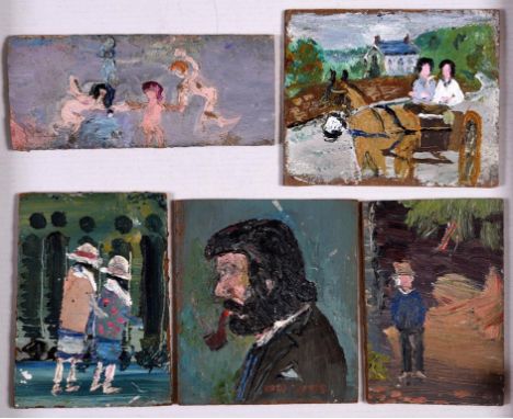 α Fred Yates, self portrait, smoking a pipe, signed, oil on board, 11.5 x 10 cm, and six others by the same, oil on board, un