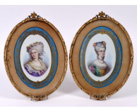 A pair of Paris porcelain oval portrait plaques, of the Princesses of Savoy, Marie Louise and her sister Maria Teresa, the ov