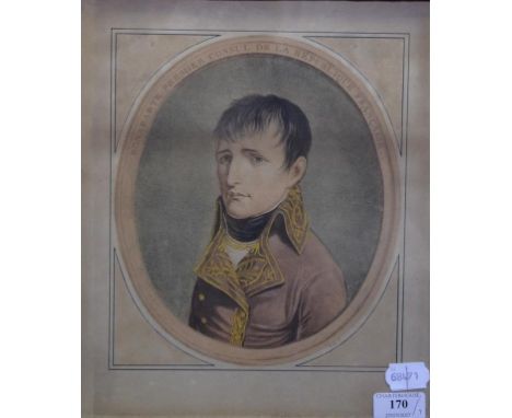 A coloured print, Bonaparte Premier Consul De La Republique Francaise, a pair of bird watercolours, an embroidery and five pr