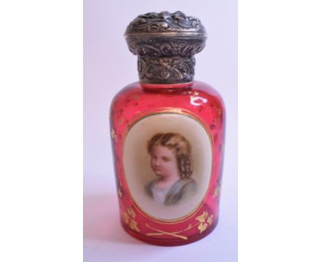 A Bohemian cranberry glass scent bottle, decorated a bust portrait of a young girl, and with gilt decoration, the silver moun