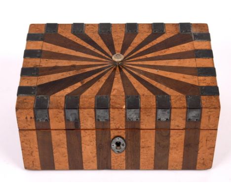 A 19th century birdseye maple and mahogany inlaid rectangular box and hinged cover, with silver coloured metal mounts, 20 cm 