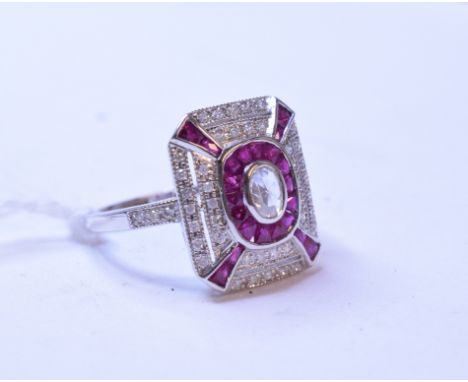 An Art Deco style 18ct white gold, ruby and diamond panel ring, approx. ring size O     Condition report  Modern