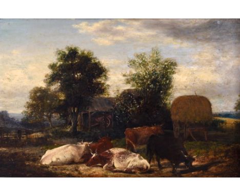 Manner of Aster R. C. Corbould, cattle resting by a farmstead, oil on panel, bears a signature and dated 1850, 23 x 36 cm  Se