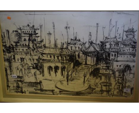 M Lockyer, a street scene, crayon, signed, 34 x 24 cm, other pictures and prints (8)